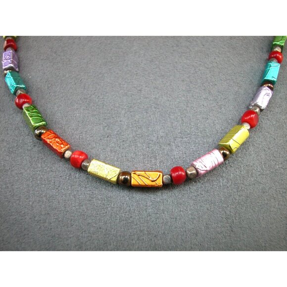 Colorful Beaded Necklace With Large Turquoise Bead Accent 16" - Picture 2 of 5